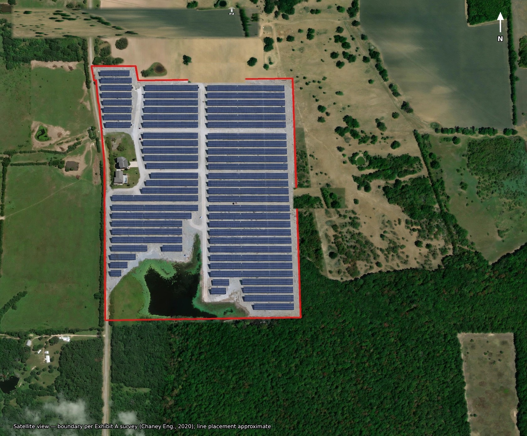 Rendering: satellite view of the site with solar panels laid out inside the red boundary line